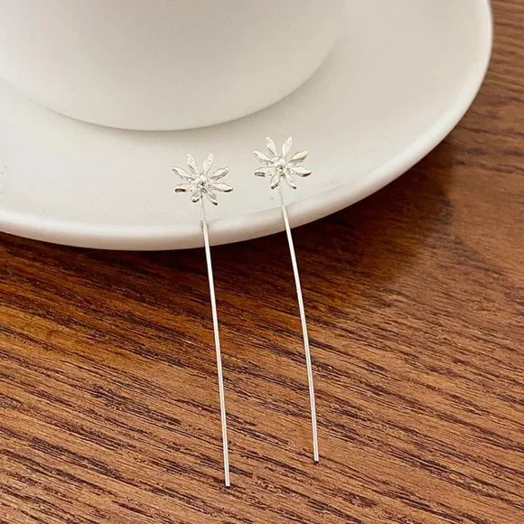 Silver Long Stem Flower Threader Earring NEW - Picture 3 of 6